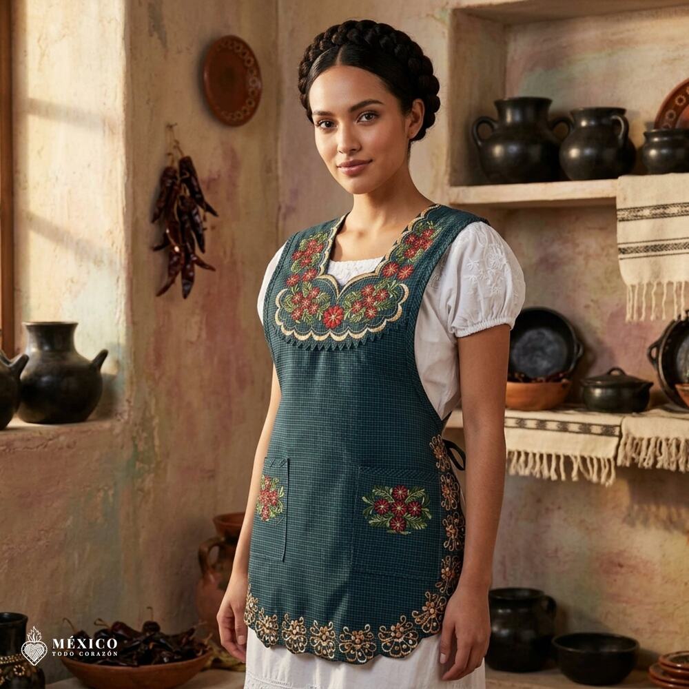 Mexican Embroidered Smock Apron – Floral Traditional Design